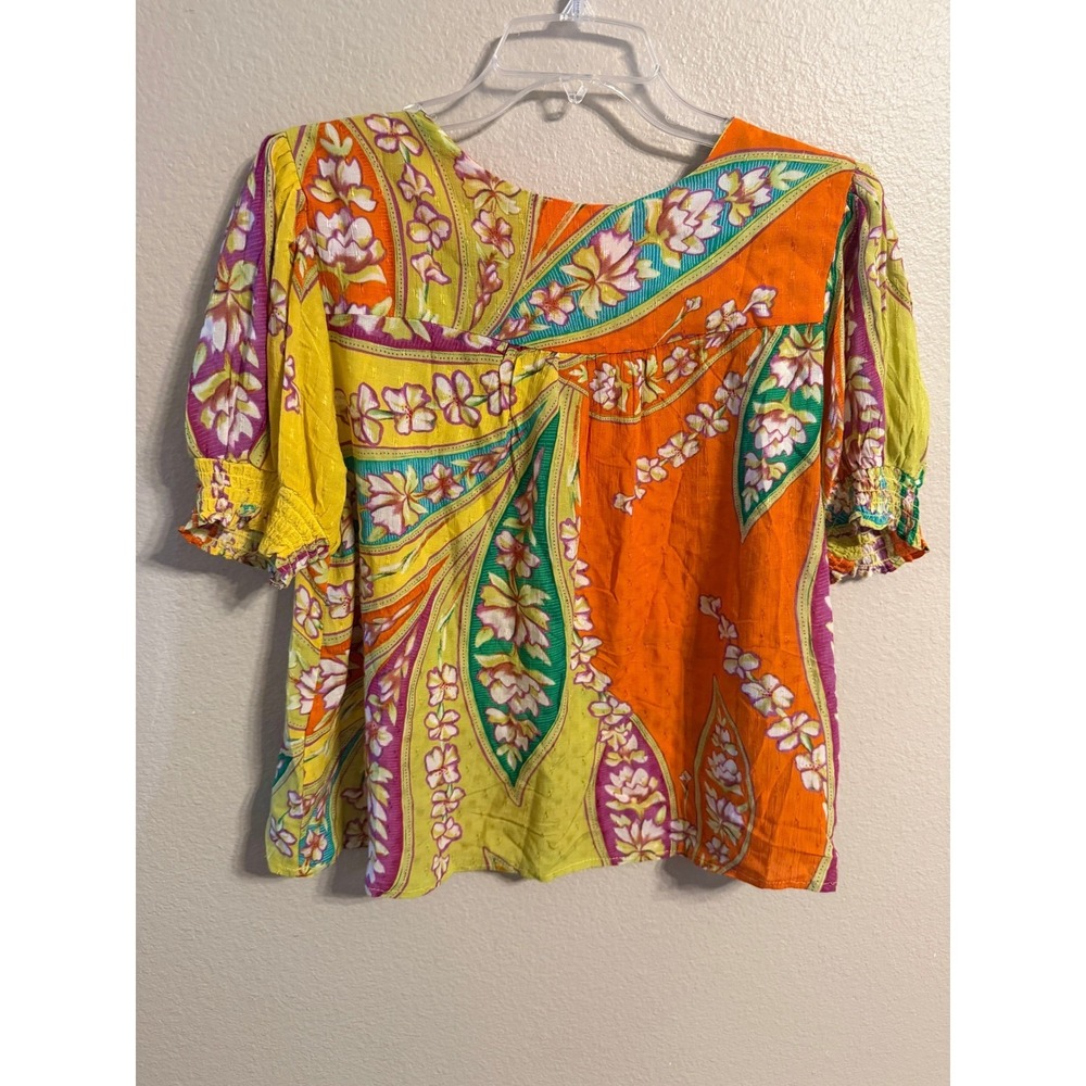 Haute Hippie Style Womens Yellow Orange Paisley Floral Smocked Puff Sleeve Top M - Picture 5 of 5
